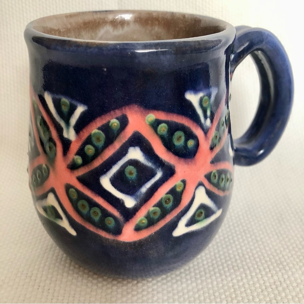 Earthworks Redware Pottery Mug handmade art painted blue coral Mug Coffee